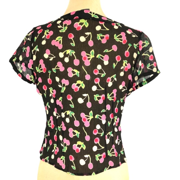 top S RAFAELLA vintage silk cropped tie neck button up cap sleeve sheer - Picture 4 of 11